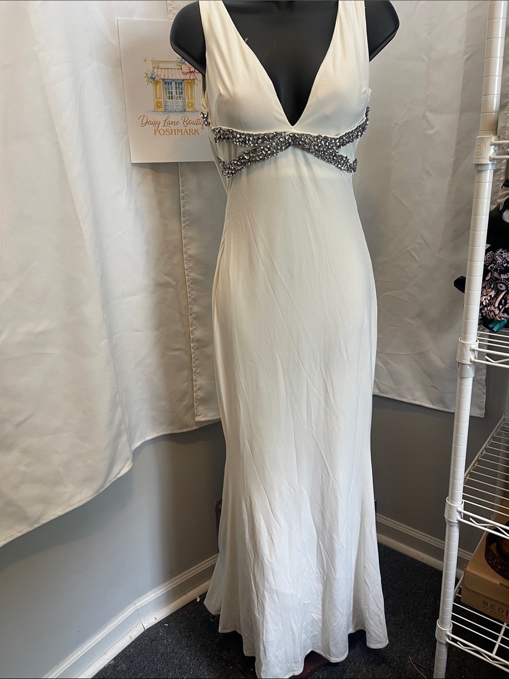 Jovani Ivory V-Neck Evening Gown with Beaded Waist - Picture 1 of 4